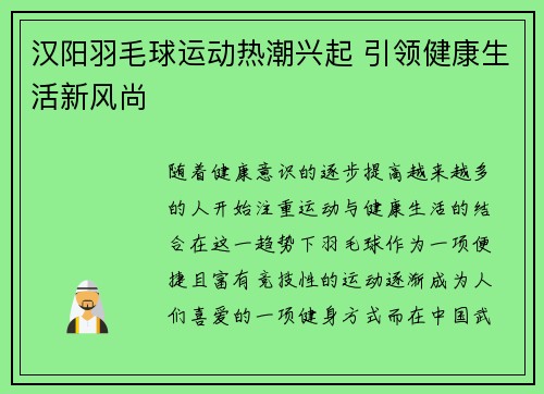 汉阳羽毛球运动热潮兴起 引领健康生活新风尚